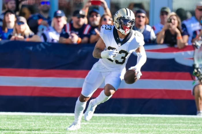 New Orleans Saints cornerback Marshon Lattimore (23) intercepts a pass against New England Patriots. Mandatory Credit: Stephen Lew-USA TODAY Sports